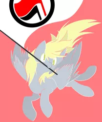 Size: 1850x2217 | Tagged: safe, artist:clair, derpibooru import, derpy hooves, pegasus, pony, antifa, female, full body, image, jpeg, lineless, mouthpiece, simple background, solo, spread wings, tail, wings