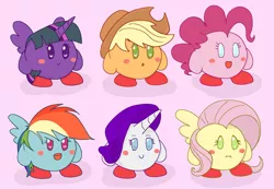 Size: 1093x758 | Tagged: safe, artist:noupu, derpibooru import, applejack, fluttershy, pinkie pie, rainbow dash, rarity, twilight sparkle, :i, applejack's hat, blush sticker, blushing, cowboy hat, hat, horn, image, jpeg, kirby, kirby (series), kirbyfied, mane six, open mouth, open smile, smiling, species swap, wings