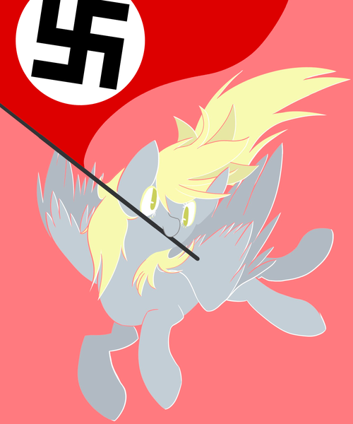 Size: 1708x2048 | Tagged: source needed, safe, artist:clair, edit, editor:edits of hate, editor:unofficial edits thread, derpy hooves, pegasus, pony, female, full body, image, lineless, national-socialism, nazi, png, red background, simple background, solo, spread wings, swastika, tail, wings