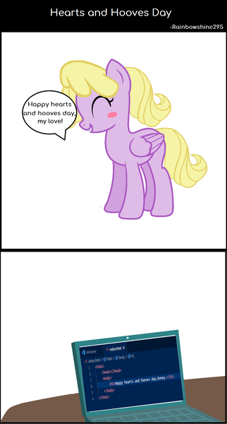 Size: 1145x2131 | Tagged: safe, artist:rainbowshine295, derpibooru import, oc, pegasus, pony, blushing, comic strip, computer, hearts and hooves day, image, laptop computer, pegasus oc, png, ponysona, speech bubble, wings