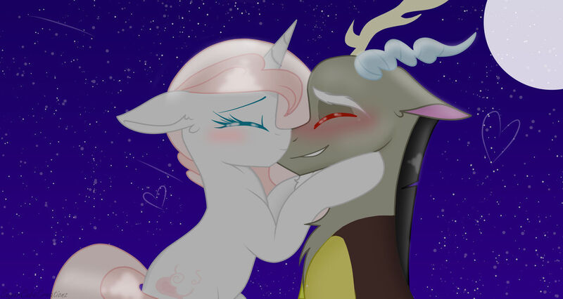 Size: 1280x682 | Tagged: safe, derpibooru import, discord, oc, oc:sweetheart, draconequus, pony, unicorn, blushing, boop, canon x oc, evening, image, jpeg, kissing, moon, night, noseboop, photo, simple background, sky, smiling, stars