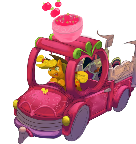 Size: 2649x2800 | Tagged: safe, artist:applephil, derpibooru import, applejack, twilight sparkle, earth pony, pony, unicorn, apple, applejack truck, car, cardboard twilight, food, image, png, simple background, transparent background