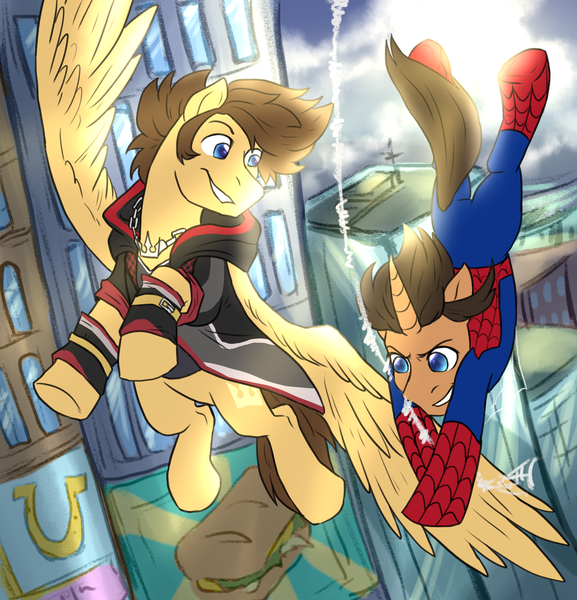 Size: 2064x2145 | Tagged: safe, artist:not-ordinary-pony, derpibooru import, pegasus, unicorn, fanfic:kingdom hearts of harmony, crossover, image, kingdom hearts, kingdom hearts of harmony, manehattan, marvel, peter parker, png, sora, spider-man, spiders and magic: rise of spider-mane, superhero