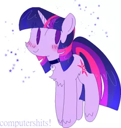 Size: 1310x1384 | Tagged: safe, artist:computershits, derpibooru import, twilight sparkle, unicorn, blushing, chest fluff, choker, eye clipping through hair, female, gradient, image, lightly watermarked, looking right, png, simple background, smiling, solo, stars, watermark, white background