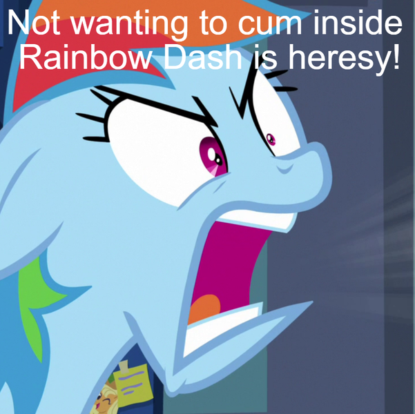 Size: 838x836 | Tagged: suggestive, derpibooru import, edit, edited screencap, screencap, applejack, rainbow dash, pegasus, pony, parental glideance, season 7, angry, applejack's hat, caption, cloudsdale, cowboy hat, female, hat, heresy, image, image macro, iwtcird, mare, meme, meta, one eye closed, open mouth, photo, png, solo, text, text edit, yelling