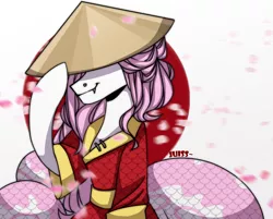 Size: 2688x2160 | Tagged: safe, artist:juiss, derpibooru import, oc, unofficial characters only, lamia, original species, hat, image, petals, png, samurai, straw hat