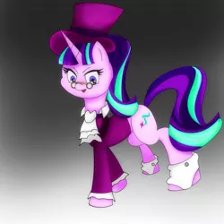 Size: 1575x1575 | Tagged: safe, artist:zeon_starlight, derpibooru import, snowfall frost, starlight glimmer, pony, unicorn, alternate hairstyle, clothes, female, glasses, gradient background, hat, image, jabot, jpeg, mare, s5 starlight, solo, top hat