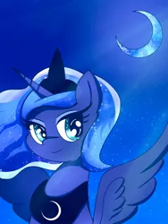 Size: 768x1024 | Tagged: safe, artist:zeon_starlight, derpibooru import, princess luna, alicorn, pony, bust, crescent moon, ethereal mane, female, horn, image, jewelry, jpeg, looking at you, mare, moon, night, night sky, regalia, sky, smiling, smiling at you, solo, spread wings, starry eyes, starry mane, wingding eyes, wings