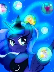 Size: 768x1024 | Tagged: safe, artist:zeon_starlight, derpibooru import, applejack, derpy hooves, princess celestia, princess luna, starlight glimmer, tempest shadow, alicorn, pony, a royal problem, bust, crescent moon, dream, dream orbs, dream realm, dream walker luna, ethereal mane, female, frown, horn, image, jewelry, jpeg, looking at you, mare, moon, night, night sky, regalia, sky, solo, spread wings, starry eyes, starry mane, wingding eyes, wings