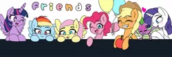 Size: 1500x500 | Tagged: safe, artist:zeon_starlight, derpibooru import, applejack, fluttershy, pinkie pie, rainbow dash, rarity, spike, twilight sparkle, twilight sparkle (alicorn), alicorn, dragon, earth pony, pegasus, pony, unicorn, :3, apple, applejack's hat, balloon, blushing, blushing profusely, cowboy hat, emanata, eyes closed, female, food, freckles, friends, hat, heart, hoof hold, horn, image, jpeg, looking at someone, looking at you, looking down, male, mare, one eye closed, open mouth, open smile, smiling, spread wings, text, tongue out, wings, wink, winking at you