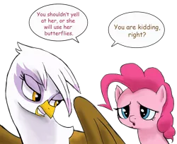 Size: 2480x2028 | Tagged: safe, artist:doublewbrothers, derpibooru import, edit, edited screencap, screencap, gilda, pinkie pie, background removed, image, not a vector, png, simple background, speech bubble, transparent background