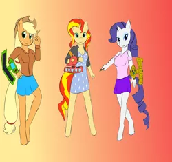 Size: 1700x1600 | Tagged: safe, artist:digigex90, derpibooru import, applejack, rarity, sunset shimmer, anthro, unguligrade anthro, clothes, duel disk, female, gradient background, image, png, skirt, trio, yu-gi-oh!