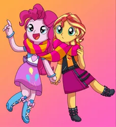 Size: 1061x1162 | Tagged: safe, artist:nextlvl-adopts, artist:shycookieq, derpibooru import, pinkie pie, sunset shimmer, equestria girls, base used, clothes, duo, female, gradient background, image, jpeg, lesbian, open mouth, scarf, shipping, skirt, sunsetpie