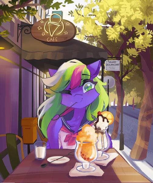 Size: 856x1024 | Tagged: oc name needed, safe, artist:saxopi, derpibooru import, oc, unofficial characters only, pegasus, pony, cafe, cheek fluff, chest fluff, clothes, colored pupils, cup, date, detailed background, eyebrows, eyebrows visible through hair, eyelashes, food, green eyes, ice cream, ice cream sundae, image, jpeg, looking at you, multicolored mane, napkin, offscreen character, one eye closed, outdoors, pegasus oc, plate, pov, road, sailor uniform, seat, smiling, smiling at you, table, tree, uniform, wings, wink, winking at you