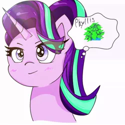 Size: 768x768 | Tagged: safe, artist:zeon_starlight, derpibooru import, phyllis, starlight glimmer, pony, unicorn, bust, cargo ship, duo, ethereal mane, eye clipping through hair, female, horn, image, jpeg, mare, philodendron, phylliglimmer, plant, portrait, potted plant, shipping, simple background, starry mane, text, thought bubble, white background