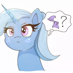 Size: 768x768 | Tagged: safe, artist:zeon_starlight, derpibooru import, trixie, pony, unicorn, bust, cape, clothes, female, hat, horn, image, jpeg, mare, portrait, question mark, simple background, solo, starry eyes, thought bubble, trixie's cape, trixie's hat, white background, wingding eyes