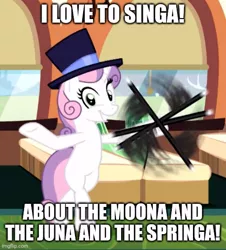 Size: 500x552 | Tagged: safe, derpibooru import, edit, edited screencap, screencap, sweetie belle, growing up is hard to do, cane, cropped, hat, image, jpeg, looney tunes, older, older sweetie belle, singing, solo, south park, top hat, train