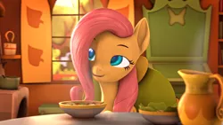 Size: 3840x2160 | Tagged: safe, artist:sylthena, derpibooru import, fluttershy, pegasus, pony, 3d, 4k, book, bush, chair, coffee, cozy, crepuscular rays, cute, daaaaaaaaaaaw, dinner, fluttershy's cottage, food, furnace, glow, glowing eyes, happy, high res, horn, image, lamp, nature, offscreen character, png, pov, romance, romantic, salad, shyabetes, sitting, soup, source filmmaker, steam, table, talking, talking to viewer, tree, volumetric light, wings