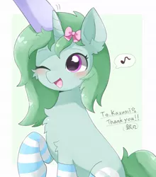 Size: 599x680 | Tagged: safe, artist:ginmaruxx, derpibooru import, oc, unofficial characters only, pony, unicorn, blushing, clothes, cute, female, head pat, horn, image, japanese, jpeg, mare, moon runes, music notes, ocbetes, offscreen character, one eye closed, open mouth, open smile, pat, patting, raised hoof, ribbon, smiling, socks, solo, speech bubble