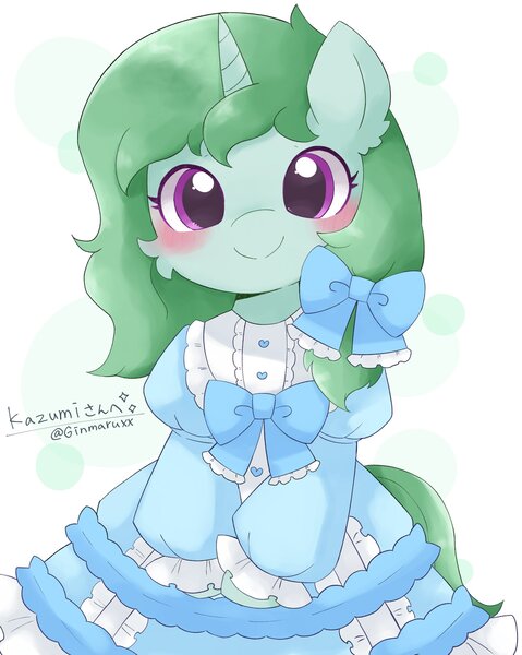 Size: 1916x2402 | Tagged: safe, artist:ginmaruxx, derpibooru import, oc, ponified, unofficial characters only, pony, unicorn, blushing, bowtie, circle background, clothes, cute, dress, female, horn, image, japanese, jpeg, looking at you, mare, moon runes, ocbetes, ribbon, simple background, smiling, smiling at you, solo, white background