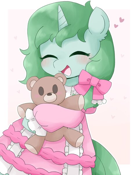 Size: 1635x2048 | Tagged: safe, artist:ginmaruxx, derpibooru import, oc, unofficial characters only, pony, unicorn, bipedal, clothes, cute, dress, emanata, eyes closed, female, heart, hoof hold, horn, hug, image, jpeg, mare, ocbetes, open mouth, open smile, plushie, ribbon, simple background, smiling, solo, teddy bear, white background