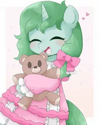 Size: 1635x2048 | Tagged: safe, artist:ginmaruxx, derpibooru import, oc, unofficial characters only, pony, unicorn, bipedal, clothes, cute, dress, emanata, eyes closed, female, heart, hoof hold, horn, hug, image, jpeg, mare, ocbetes, open mouth, open smile, plushie, ribbon, simple background, smiling, solo, teddy bear, white background