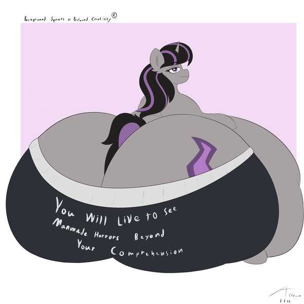 Size: 3000x3000 | Tagged: suggestive, artist:astrum, derpibooru import, oc, oc:magna-save, pony, unicorn, belly, big belly, butt, clothes, digital art, fat, female, hoof on belly, huge belly, huge butt, image, impossibly large belly, impossibly large butt, large butt, lidded eyes, looking at you, looking back, obese, pants, png, rear view, sitting, smiling, smug, solo, solo female, text