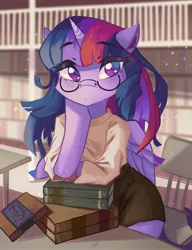 Size: 3144x4096 | Tagged: safe, artist:saxopi, derpibooru import, twilight sparkle, twilight sparkle (alicorn), alicorn, pony, semi-anthro, blurry background, book, bookshelf, clothes, colored pupils, eyebrows, eyebrows visible through hair, eyelashes, female, folded wings, glasses, high res, hoof on chin, horn, image, jpeg, library, looking at you, mare, multicolored mane, purple coat, purple eyes, round glasses, shirt, signature, solo, tail, wings