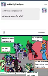 Size: 1172x1857 | Tagged: safe, artist:ask-luciavampire, derpibooru import, oc, changeling, earth pony, pegasus, pony, unicorn, ask, ask-ponys-gamer-club, image, png, tumblr