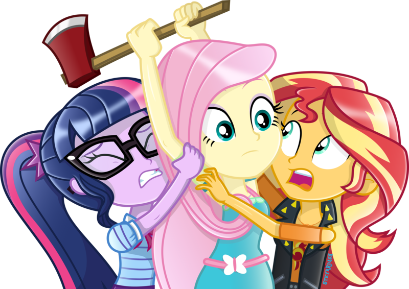 Size: 3025x2141 | Tagged: safe, artist:steyrrdash, banned from derpibooru, deleted from derpibooru, derpibooru import, fluttershy, sci-twi, sunset shimmer, twilight sparkle, equestria girls, hatchet, image, implied zephyr breeze, moments before disaster, png, simple background, this will end in murder, this will not end well, transparent background, trio