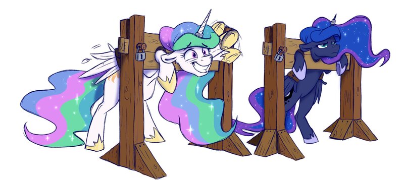 Size: 2420x1080 | Tagged: safe, artist:rutkotka, derpibooru import, princess celestia, princess luna, alicorn, pony, bondage, bound wings, grin, horn, horn ring, image, jewelry, jpeg, lock, luna is not amused, magic suppression, padlock, ring, smiling, stocks, unamused, waving, wings