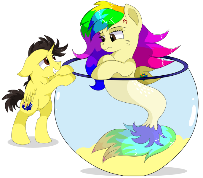 Size: 8800x7710 | Tagged: safe, artist:rainbowtashie, derpibooru import, oc, oc:rainbow tashie, oc:tommy the human, alicorn, pony, seapony (g4), alicorn oc, annoyed, australia, bipedal, child, colt, commissioner:bigonionbean, cute, cutie mark, daaaaaaaaaaaw, dialogue, duo, female, fish bowl, foal, grin, horn, hug, image, male, png, seaponified, simple background, smiling, species swap, thicc ass, thought bubble, transparent background, unamused, wings
