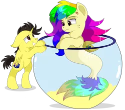 Size: 8800x7710 | Tagged: safe, artist:rainbowtashie, derpibooru import, oc, oc:rainbow tashie, oc:tommy the human, alicorn, pony, seapony (g4), alicorn oc, annoyed, australia, bipedal, child, colt, commissioner:bigonionbean, cute, cutie mark, daaaaaaaaaaaw, dialogue, duo, female, fish bowl, foal, grin, horn, hug, image, male, png, seaponified, simple background, smiling, species swap, thicc ass, thought bubble, transparent background, unamused, wings