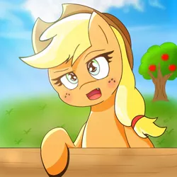 Size: 768x768 | Tagged: safe, artist:zeon_starlight, derpibooru import, applejack, earth pony, pony, apple, apple tree, applejack's hat, cowboy hat, female, food, freckles, hat, image, jpeg, mare, open mouth, solo, tree