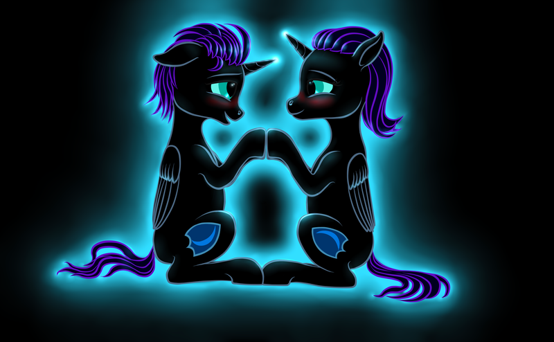 Size: 2575x1591 | Tagged: safe, artist:vasillium, derpibooru import, oc, oc:nox (rule 63), oc:nyx, alicorn, pony, alicorn oc, black background, blushing, duo, female, horn, image, male, oc x oc, png, r63 paradox, rule 63, shipping, simple background, straight, wings