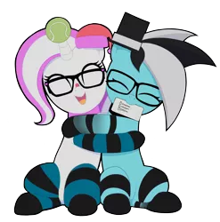 Size: 2436x2470 | Tagged: safe, artist:darktomato, derpibooru import, oc, oc:med, oc:purapoint, unofficial characters only, earth pony, pony, unicorn, ball, blue pony, christmas, clothes, cute, earth pony oc, female, glasses, happy, hat, holiday, hooves, horn, hug, hugging a pony, image, looking at each other, male, mare, monster energy, png, santa hat, simple background, sitting, smiling, smiling at each other, socks, stallion, stripes, tennis ball, top hat, transparent background, unicorn oc, wholesome