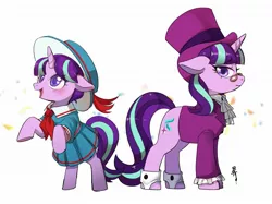 Size: 1907x1430 | Tagged: safe, artist:hosikawa, derpibooru import, snowfall frost, starlight glimmer, pony, a hearth's warming tail, bipedal, clothes, cute, female, filly, filly starlight glimmer, glasses, glimmerbetes, hat, image, jabot, jpeg, looking at you, open mouth, simple background, skirt, smiling, solo, standing on two hooves, top hat, white background, younger