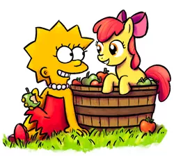Size: 1913x1756 | Tagged: safe, artist:larrychan, derpibooru import, apple bloom, earth pony, pony, apple, crossover, female, filly, foal, food, grin, image, lisa simpson, looking at each other, looking at someone, png, redraw, smiling, the simpsons