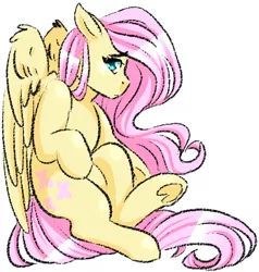Size: 465x488 | Tagged: safe, artist:modharvest, derpibooru import, fluttershy, pegasus, pony, aside glance, female, image, looking at you, mare, partially open wings, png, profile, raised leg, sideways glance, simple background, sitting, solo, underhoof, white background, wings