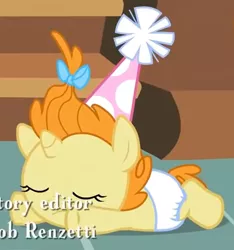 Size: 740x792 | Tagged: safe, derpibooru import, pumpkin cake, pony, baby cakes, baby, baby pony, cute, cute baby, diaper, eyes closed, hat, image, oopsie daisy, party hat, png, white diaper