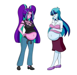 Size: 1364x1328 | Tagged: safe, artist:jake heritagu, artist:pacificside18, derpibooru import, aria blaze, sonata dusk, comic:aria's archives, equestria girls, belly, belly button, breasts, busty aria blaze, busty sonata dusk, clothes, image, pants, png, pregaria, pregdusk, pregnant, pregnata dusk, shoes, simple background, skirt, tanktop, transparent background