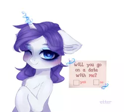 Size: 1920x1734 | Tagged: safe, artist:etter, derpibooru import, rarity, pony, unicorn, blushing, bronybait, chest fluff, colored pupils, cute, ear fluff, fluffy, horn, image, magic, one eye closed, png, simple background, solo, watermark, white background