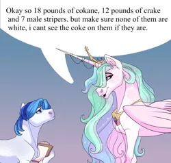 Size: 2000x1900 | Tagged: suggestive, artist:uunicornicc, derpibooru import, princess celestia, oc, alicorn, earth pony, pony, clipboard, dialogue, duo, female, image, implied drug use, looking at each other, looking at someone, male, mare, master chief and luna hanging out, meme, open mouth, png, speech bubble, stallion