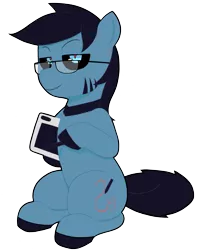 Size: 1891x2358 | Tagged: safe, artist:darktomato, derpibooru import, oc, oc:pawker, earth pony, pony, black hair, blue eyes, blue pony, glasses, image, png, swamp cinema, tablet, tablet pen