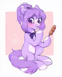 Size: 1821x2276 | Tagged: safe, artist:ls_skylight, derpibooru import, oc, oc:mio, unofficial characters only, earth pony, pony, blushing, corn, corndog, food, image, looking at you, meat, png, sausage, smiling, solo, sweat