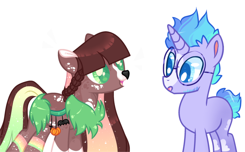 Size: 2570x1600 | Tagged: safe, artist:goldlines005, artist:lazuli0209, derpibooru import, oc, unofficial characters only, pony, unicorn, :o, collaboration, duo, glasses, horn, image, open mouth, png, simple background, transparent background, unicorn oc