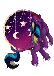 Size: 1024x1449 | Tagged: grimdark, artist:maneblue, derpibooru import, oc, unofficial characters only, earth pony, pony, blood, cloven hooves, crescent moon, dead, earth pony oc, image, impalement, leonine tail, moon, png, simple background, solo, tail, transparent background