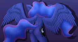 Size: 1280x684 | Tagged: suggestive, artist:itsuko103, derpibooru import, princess luna, alicorn, anthro, arm behind head, armpits, ass, butt, digital art, female, horn, image, jpeg, moonbutt, nudity, praise the moon, rear view, simple background, solo, solo female, spread wings, tail, thighs, wide hips, wings