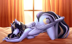 Size: 1280x778 | Tagged: suggestive, alternate version, artist:arrteen, derpibooru import, oc, oc:daystar eclipse, oc:princess daystar eclipse, unofficial characters only, alicorn, anthro, unguligrade anthro, alicorn oc, ass, bedroom eyes, breasts, butt, commission, digital art, face down ass up, female, horn, image, jpeg, looking at you, nudity, pose, side view, sideboob, solo, solo female, tail, thighs, wide hips, wings