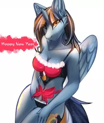 Size: 1087x1280 | Tagged: suggestive, artist:nikolkaart, derpibooru import, oc, oc:princess daystar eclipse, unofficial characters only, alicorn, anthro, alicorn oc, bedroom eyes, belly button, bra, breasts, christmas, clothes, commission, digital art, female, holiday, horn, image, jpeg, lingerie, looking at you, panties, pose, solo, solo female, tail, thighs, underwear, wide hips, wings